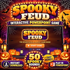 Puede incluir: Un juego interactivo de PowerPoint titulado Spooky Feud, con temática de Halloween que incluye calabazas naranjas, linternas brillantes, murciélagos y una casa embrujada. La pantalla muestra Spooky Feud, The Spooktacular Survey Game Show, Start Game, 50 Spooky Rounds y Fast Money.