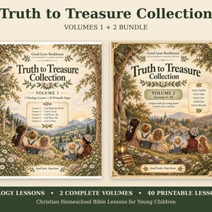 Può includere: Due copertine di libri intitolate Truth to Treasure Collection Volumi 1 e 2. Le illustrazioni mostrano bambini in un paesaggio con alberi, montagne e fiori. Il testo include titoli delle lezioni, Good Lyon Bookhouse e temi cristiani per l'istruzione domiciliare.