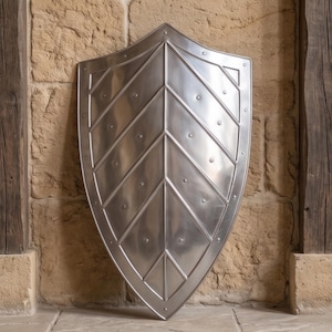 Op de afbeelding: Een gepolijst zilverkleurig metalen schild met een puntige bovenkant en een bladvormig ontwerp. Het oppervlak heeft een centrale verticale rand met diagonale, in reliëf aangebrachte lijnen die naar buiten stralen, geaccentueerd door kleine klinknagels.
