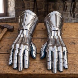 May include: A pair of polished steel gauntlets featuring articulated finger plates, a flared cuff, and visible rivets. The metal armor pieces are constructed with overlapping segments designed to protect the hand and wrist, showing a metallic finish.