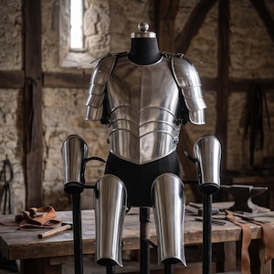 May include: A polished steel suit of armor consisting of a breastplate with articulated shoulder pauldrons, two forearm bracers, and two greaves for the lower legs, all displayed on a black mannequin torso and separate metal stands.