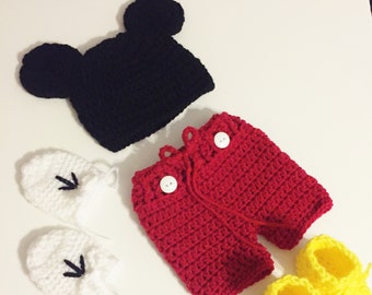 Mickey Mouse Inspired Outfit, Baby boy, Photo Prop, Crochet Mickey Mouse inspired newborn hat, Halloween Costume MADE TO ORDER Gift