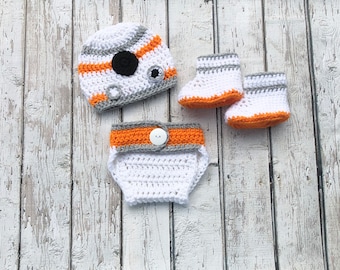 Star Wars BB8 Baby Set inspired baby hat Costume Newborn to 12 Month Old outfit BB8 Droid Diaper Cover Boots Beanie Made to Order