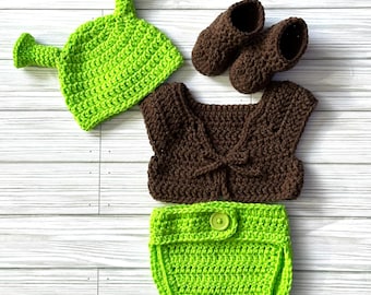 Disfraz inspirado en Shrek, conjunto de Shrek para bebé, ogro de crochet, para Halloween, para recién nacidos y niños pequeños, hecho a pedido.