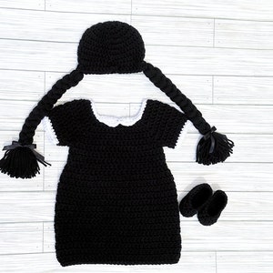 Crochet Wednesday Addams Dress Outfit/ Inspired Wednesday Costume/ Photography Prop/ Halloween/ Newborn to 24 Month Old/ MADE TO ORDER