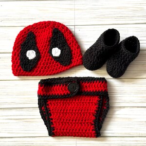Crochet Baby Deadpool Set Costume, Inspired Deadpool Superhero Outfit, Newborn to Toddler, Made to Order, Deadpool Hat Diaper Cover