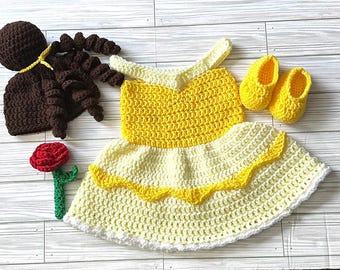 Princess Belle Beauty and The Beast Inspired Costume/Crochet Belle/Princess Photo Prop/Crochet Belle Princess Dress/Newborn to 5 Year Old