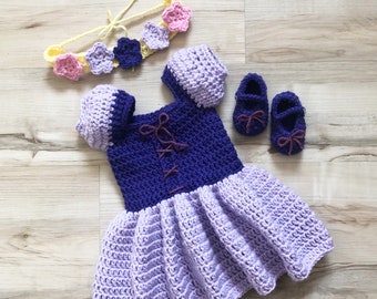 Princess Rapunzel Inspired Costume Crochet Dress Baby Outfit Halloween Costume Photography Prop Newborn to 12 Month Made to Order