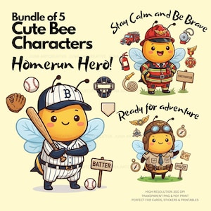 以下が含まれることがあります： 5匹の可愛いハチのキャラクターのデジタルイラストセット。Bundle of 5 Cute Bee Characters、Homerun Hero、Stay Calm and Be Brave、Ready for Adventureという文字が書かれています。ハチは野球選手、消防士、パイロットの格好をしています。