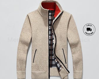 Mens Slim Fit Full Zip Thick Knitted Cardigan Sweater with Pockets Winter