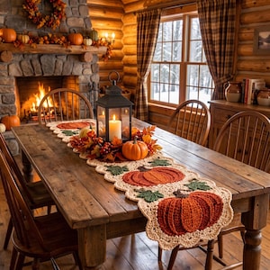 May include: A cream-coloured crocheted table runner featuring repeating orange pumpkin motifs and green leaf accents. The runner is centred on a wooden table with a black metal lantern, a small orange pumpkin, and autumn foliage.