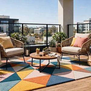 Colorful Geometric Rug, Multicolor Triangle Tufted Carpet in Blue, Teal, Rust, Mustard and Blush for Modern Living Room!