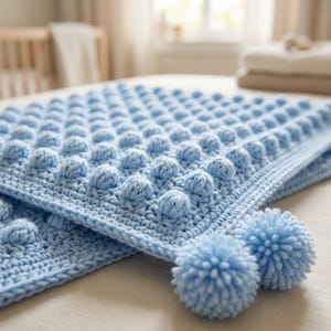 May include: A light blue crochet blanket featuring a textured bobble stitch pattern across the surface. The edges of the square blanket are finished with a simple border and two large, round, matching light blue yarn pom-poms at the corner.