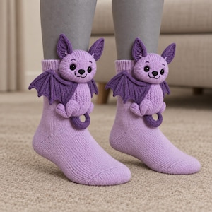 May include: A pair of light purple knit socks featuring a three-dimensional plush bat attached to the ankle area. The bat is a lighter shade of purple with dark purple wings, black embroidered eyes, and a small black nose and mouth detail.