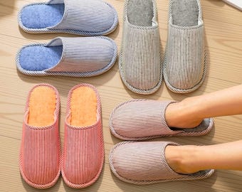 Pantofole giapponesi in cotone a righe e lino con suola morbida per uomo e donna / Traspiranti e comode per interni