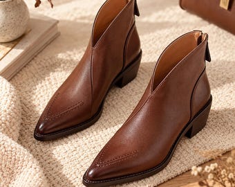 Stiefeletten mit niedrigem Blockabsatz, spitzer Zehenpartie und V-Ausschnitt, elegante Schuhe mit seitlichem Reißverschluss, lässige Stiefeletten, Damenschuhe für jeden Tag