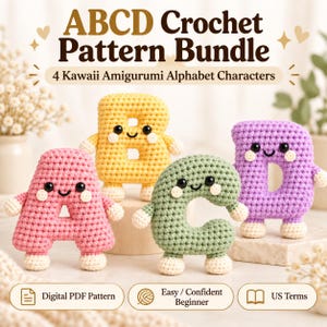 May include: A digital PDF crochet pattern bundle for four amigurumi alphabet characters labelled A, B, C, and D. The characters are pink, yellow, green, and purple with black eyes, white cheeks, and small white hands and feet in US terms.
