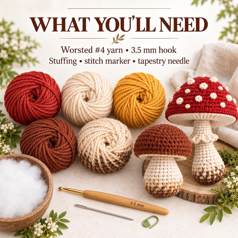 May include: A crochet pattern supply set featuring the text WHAT YOU'LL NEED, Worsted #4 yarn, 3.5 mm hook, Stuffing, stitch marker, and tapestry needle. Includes balls of red, cream, gold, and brown yarn, two crocheted mushrooms, and a 3.5 mm hook.