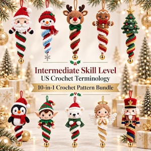 May include: A 10-in-1 crochet pattern bundle featuring ten hanging ornaments including Santa, a snowman, reindeer, gingerbread person, Christmas tree, penguin, elf, polar bear, angel, and nutcracker, with text Intermediate Skill Level US Crochet Terminology.