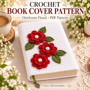 May include: A white crochet book cover featuring three red flowers with white pearl centres and green leaves. The text reads CROCHET BOOK COVER PATTERN, Heirloom Floral, PDF Pattern, and Easy-Intermediate. A green ribbon bookmark with a leaf charm.