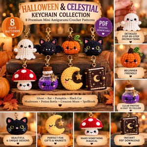 May include: A collection of eight crochet amigurumi keychains featuring a ghost, bat, pumpkin, black cat, mushroom, potion bottle, crescent moon, and spellbook. The image includes text labels for a PDF digital download of patterns.