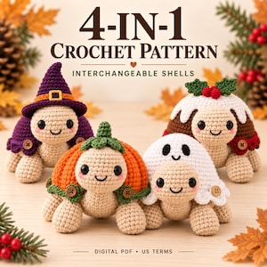 Virkat sköldpaddsmönster | 4-i-1 utbytbara säsongssnäckor | Amigurumi för mellannivå i PDF-format | Halloween och jul