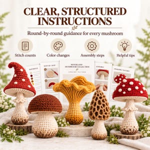 May include: A crochet pattern guide titled Woodland Mushroom Collection featuring five handmade crocheted mushrooms in red, brown, yellow, and tan. The guide includes text for stitch counts, color changes, assembly steps, and helpful tips for crafters.
