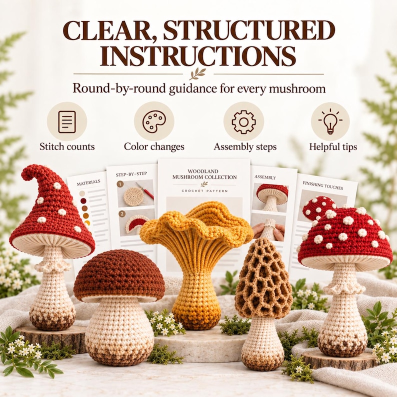 May include: A crochet pattern guide titled Woodland Mushroom Collection featuring five handmade crocheted mushrooms in red, brown, yellow, and tan. The guide includes text for stitch counts, color changes, assembly steps, and helpful tips for crafters.