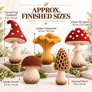 May include: Five crocheted mushrooms with text labels and measurements. Curved-Cap Toadstool 9 in, Golden Chanterelle 6.5 in, Classic Fly Agaric 8.5 in, Chunky Porcini 5.5 in, and Textured Morel 9 in. The text reads APPROX. FINISHED SIZES.