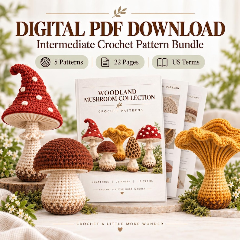 May include: A digital PDF download for an intermediate crochet pattern bundle titled Woodland Mushroom Collection. The document contains 5 patterns, 22 pages, and uses US terms. Three crocheted mushroom figures are displayed alongside the booklet.