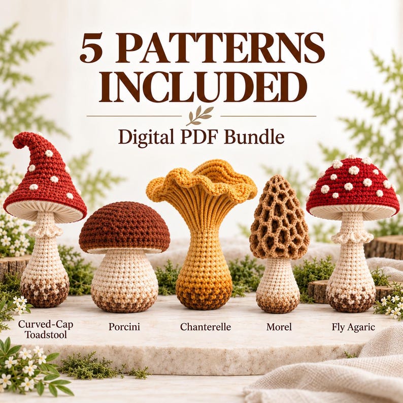 May include: A digital PDF bundle featuring 5 patterns for crocheted mushrooms. The collection includes a curved-cap toadstool, a porcini, a chanterelle, a morel, and a fly agaric. The text 5 PATTERNS INCLUDED Digital PDF Bundle is displayed above.