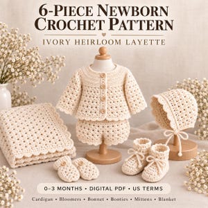 May include: A 6-piece ivory crochet set including a cardigan with four buttons, bloomers, a bonnet with ties, booties with ties, mittens, and a blanket. The text reads 6-Piece Newborn Crochet Pattern Ivory Heirloom Layette 0-3 Months Digital PDF US Terms.