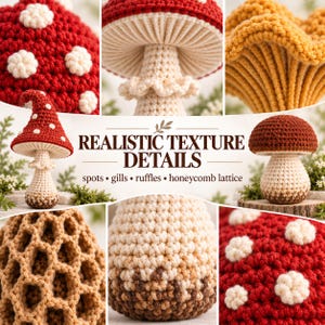 May include: A collection of crocheted mushrooms featuring various textures including red caps with white spots, tan honeycomb lattice patterns, and detailed gills. The text REALISTIC TEXTURE DETAILS spots, gills, ruffles, honeycomb lattice is visible.