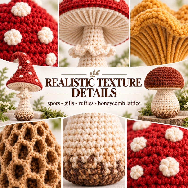 May include: A collection of crocheted mushrooms featuring various textures including red caps with white spots, tan honeycomb lattice patterns, and detailed gills. The text REALISTIC TEXTURE DETAILS spots, gills, ruffles, honeycomb lattice is visible.