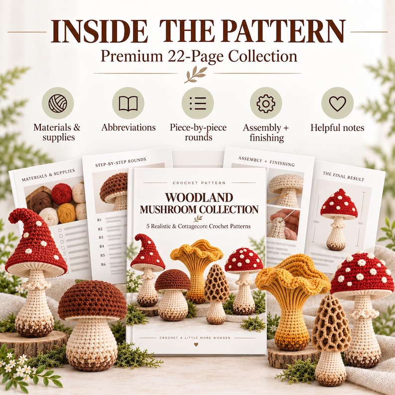 May include: A 22-page crochet pattern collection titled Woodland Mushroom Collection featuring 5 realistic mushroom designs. The cover displays images of crocheted mushrooms in red, brown, and yellow, with icons for materials, abbreviations, and assembly steps.