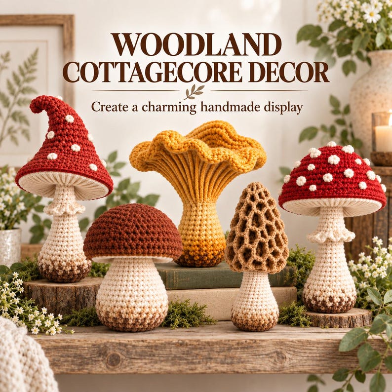 May include: A collection of five crocheted mushroom figures in various shapes and colors, including two red-capped mushrooms with white spots, a golden-yellow ruffled mushroom, a brown-capped mushroom, and a tan, honeycomb-textured morel mushroom.