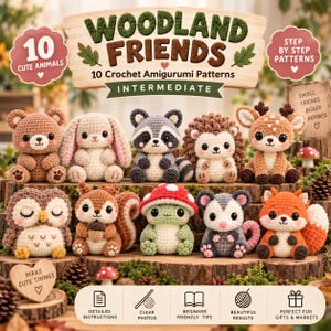 May include: A digital pattern guide titled Woodland Friends featuring 10 crochet amigurumi animal designs. The image displays 10 finished crocheted figures including a bear, bunny, raccoon, hedgehog, deer, owl, squirrel, mushroom, opossum, and fox.