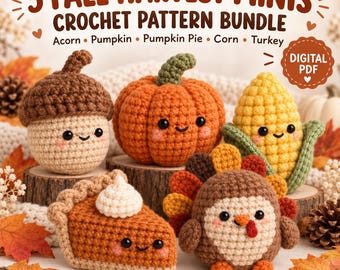May include: A digital PDF crochet pattern bundle titled 5 Fall Harvest Minis featuring instructions for an acorn, pumpkin, pumpkin pie, corn, and turkey. The image displays five small, crocheted figures with smiling faces and rosy cheeks.