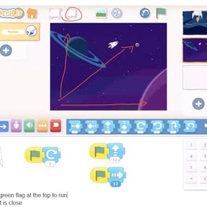 May include: A digital interface for ScratchJr showing a space-themed project with a rocket, a planet with rings, and stars. The screen displays coding blocks, a stage area with red hand-drawn arrows, a list of scenes, and a numeric keypad.