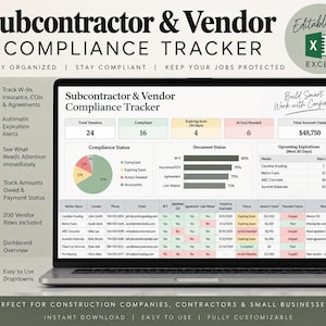Op de afbeelding: Een digitaal spreadsheet voor het bijhouden van de naleving van onderaannemers en leveranciers op een laptopscherm. Het dashboard bevat een cirkeldiagram, staafdiagrammen en een gedetailleerde tabel voor het bijhouden van de status.
