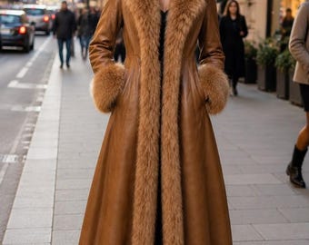 Lång trenchcoat i brunt läderpäls för kvinnor, lyxig överrock i vintage-stil