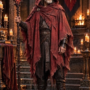 May include: A person with a grey beard wearing a hooded, distressed red cloak over a dark brown tunic and leather belt, holding a tall, dark, twisted staff topped with a glowing red orb. The attire includes dark leather bracers and boots.