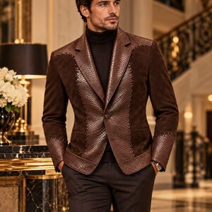 Puede incluir: Un blazer marrón con paneles de ante marrón oscuro y detalles de cuero texturizado con patrón de piel de serpiente en las solapas, hombros y puños. La chaqueta se lleva sobre un suéter de cuello alto negro y pantalones oscuros.