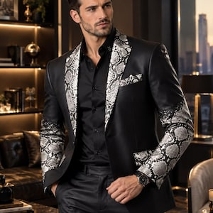 Blazer en cuir imprimé python pour homme, veste à motif peau de serpent, manteau de luxe noir et gris