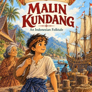 Può includere: Una copertina di libro intitolata Tales of Indonesia Malin Kundang An Indonesian Folktale con un'illustrazione di una giovane persona con una fascia marrone e camicia bianca, una persona dai capelli grigi in abito marrone a motivi e una grande nave.
