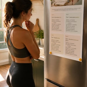 May include: A rectangular paper checklist titled Week 1-4 Progression Checklist attached to a stainless steel refrigerator with four colorful magnets. The document features four distinct sections for weekly goals, each containing a list of checkboxes for tracking fitness activities and daily habits.