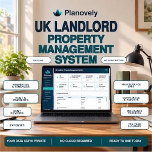 以下が含まれることがあります： Planovely UK Landlord不動産管理システムのダッシュボードを表示したノートパソコン。プロパティ、賃料、支払い、メンテナンス、コンプライアンス、レポート、税務年度の概要などの機能がテキストオーバーレイで強調されています。