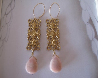 Pink Opal Teardrop and Rectangle Filigree Earrings