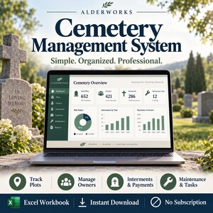 May include: A laptop screen displaying the Alderworks Cemetery Management System dashboard, featuring data on plots, owners, and interments. The interface includes charts, icons, and text such as Simple. Organized. Professional. and Excel Workbook.