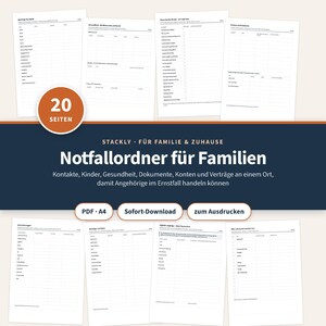 Puede incluir: Una carpeta de emergencia digital para familias, con 20 páginas A4 imprimibles con secciones para contactos, salud, documentos, cuentas y contratos. La banda azul oscuro muestra el texto Notfallordner für Familien, PDF, A4 y 20 SEITEN.